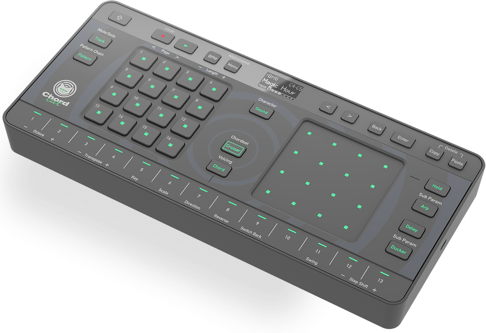 Mit umfangreichen Akkord-Funktionen bietet der AlphaTheta Chordcat einen idealen Einstieg in die Arbeit mit Akkorden, auch ohne musiktheoretisches Vorwissen.
AlphaTheta Chordcat von oben.